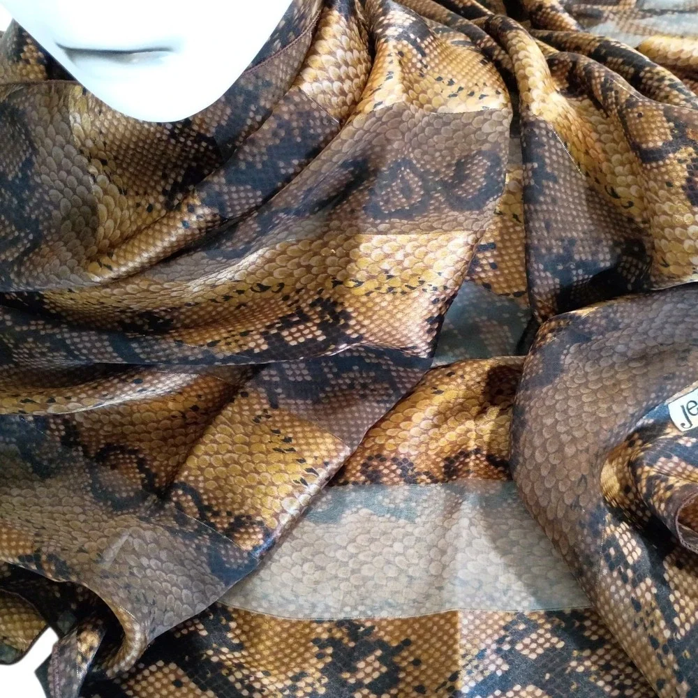 Vintage Jean Player Brown Snakeskin Print Sheer Scarf Gold Metallic Square 42